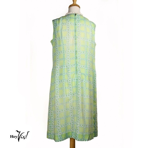 Vintage Sleeveless Day Dress Green & White Flower Print 2 Pockets Sz L - Hey Viv - Picture 5 of 8